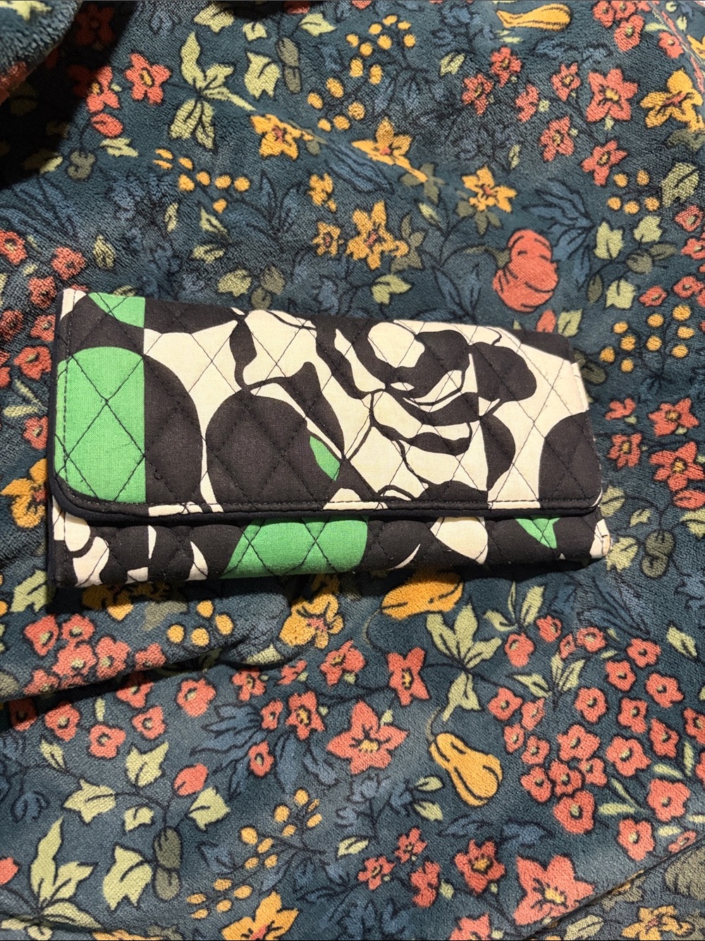 Vera Bradley Quilted Floral Print Foldover Wallet - Black, White & Green